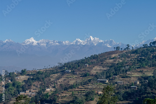 View of the Himalayan mountain and village near Nagarkot  Kathmandu valley  Nepal