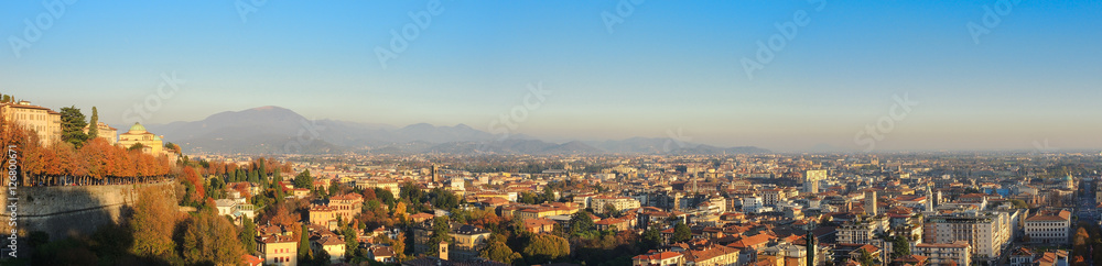 Bergamo - Old city (Citta Alta). One of the beautiful city in Italy. Lombardia. Landscape on the new city and downtown during sunset time and fall season