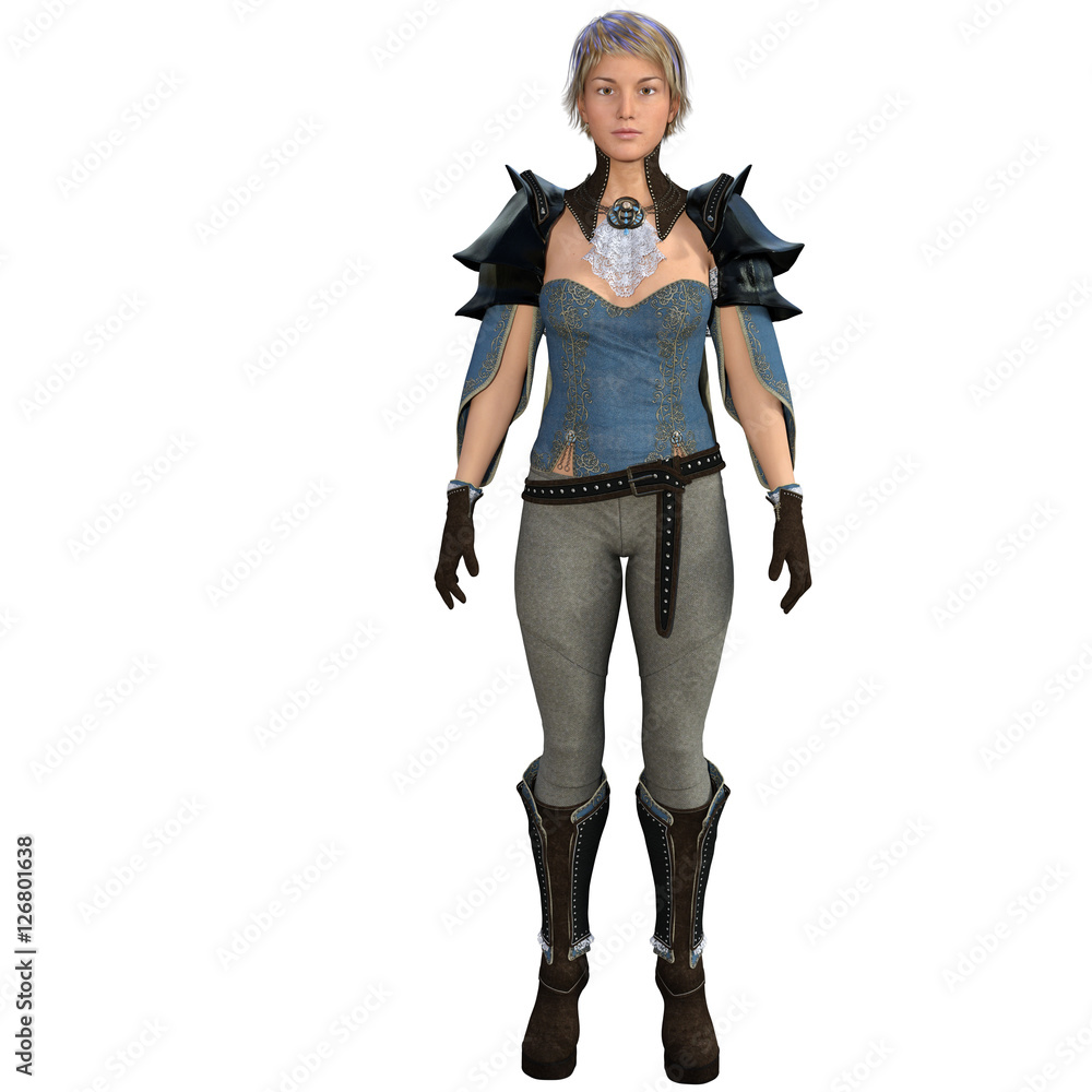 One young female sorceress in the fantasy super suit. She's standing right exactly in front of the camera One young female sorceress in the fantasy super suit. She's standing right exactly in front of the camera