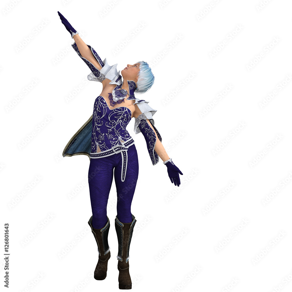One young female sorceress in the fantasy super suit. She goes to the camera. Right hand points up. The head is directed upwards One young female sorceress in the fantasy super suit. She goes to the camera. Right hand points up. The head is directed upwards