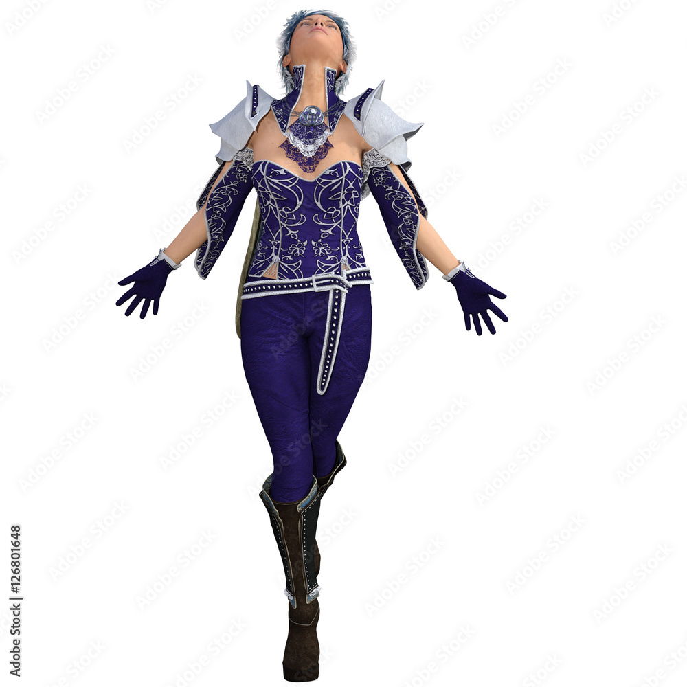 One young female sorceress in the fantasy super suit. She stands, arms outstretched to the sides. Her head tilted back One young female sorceress in the fantasy super suit. She stands, arms outstretched to the sides. Her head tilted back