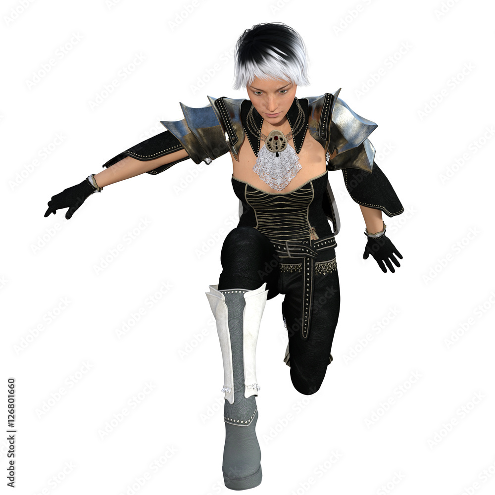 One young female sorceress in the fantasy super suit. She sits on one knee and her head lowered One young female sorceress in the fantasy super suit. She sits on one knee and her head lowered