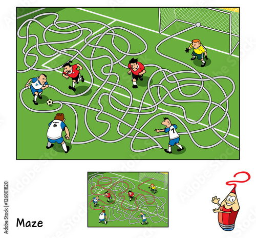Football match. Educational maze game for children. Vector illustration
