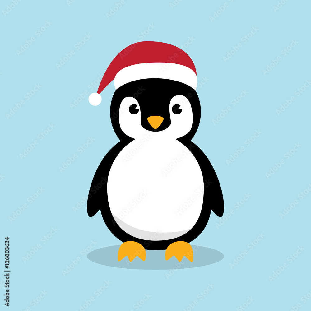 Obraz premium Cute Penguins wearing Santa Claus hat standing on sky blue background flat design vector illustration.
