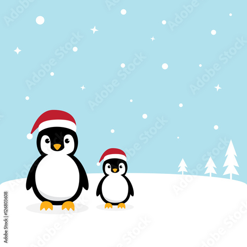 Cute Penguins standing on white snow with Antarctica's winter background. Penguins wearing Santa Claus hat with ice mountain flat design vector illustration. © qoolio