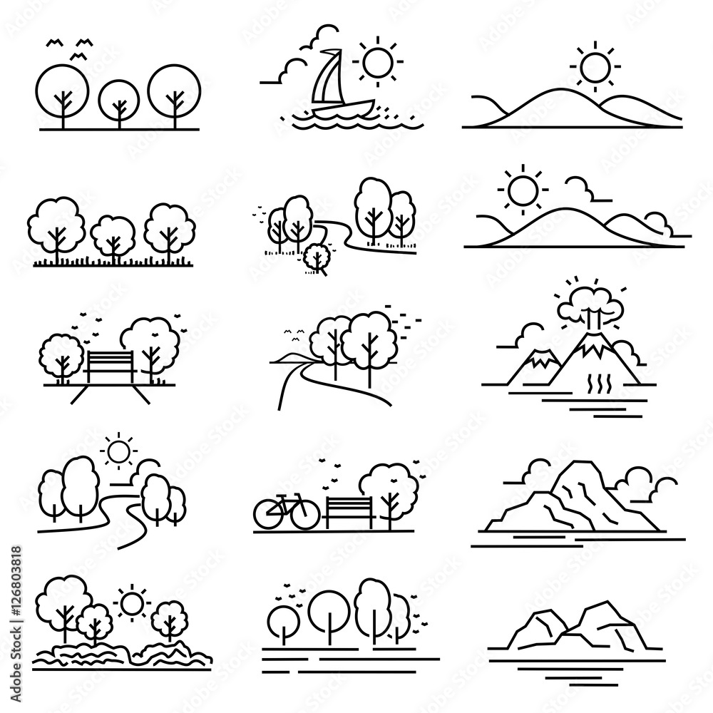 Outline design View images Nature Landscape Icons vector. Outline design View images Nature Landscape Icons vector.