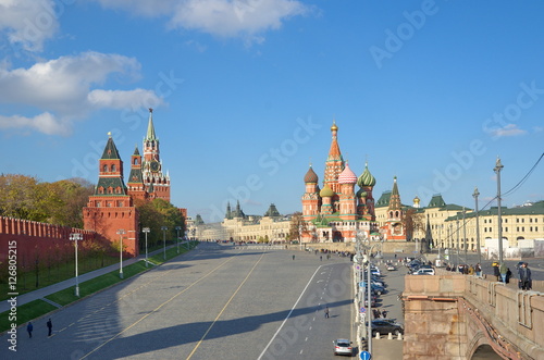 Moscow, Russia - October 24, 2016: View of the Kremlin, Vasilevsky Descent and the intercession Cathedral (Temple of Basil the blessed)