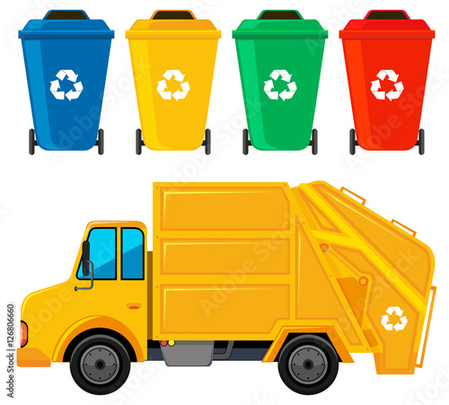Rubbish truck in yellow color and four trashcans © blueringmedia