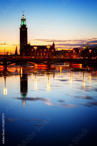 city hall over sea waters with ice, Stockholm, Sweden, toned
