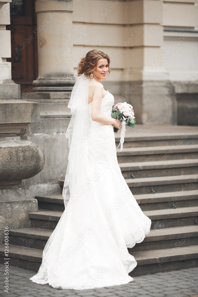 Wonderful bride with a luxurious white dress posing in the old town Wonderful bride with a luxurious white dress posing in the old town
