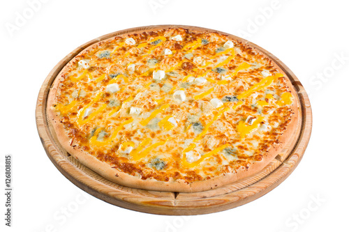 pizza with different varieties of cheese on wooden board. for a directory or menu