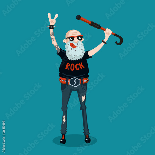 Forever young. Funny old rock fan. Active senior man.