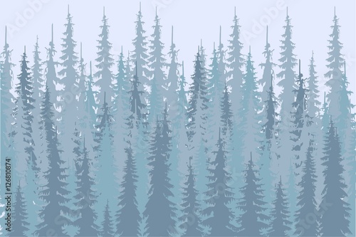 Blue shapes fir forest on light blue, design elements, vector illustration