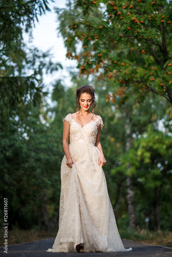 Beautiful bride goes on a path in the park 