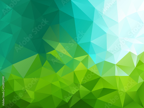 vector abstract irregular polygon background with a triangular pattern in green and blue colors - sky and grass