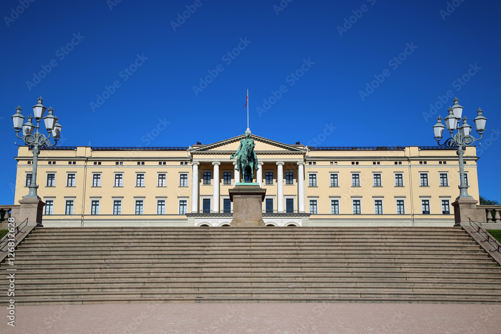 The Royal Palace and statue of King Karl Johan XIV in Oslo, Norw