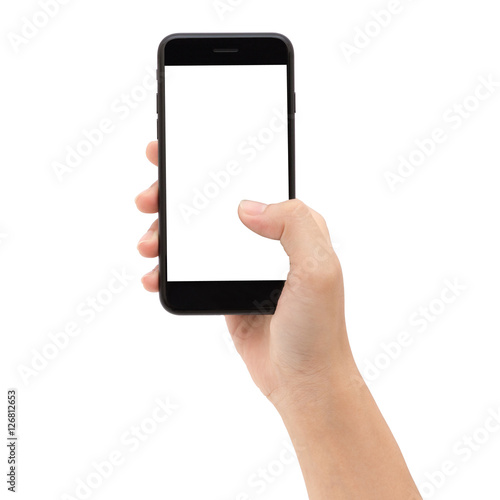 Close-up hand holding phone white screen isolated on white backg