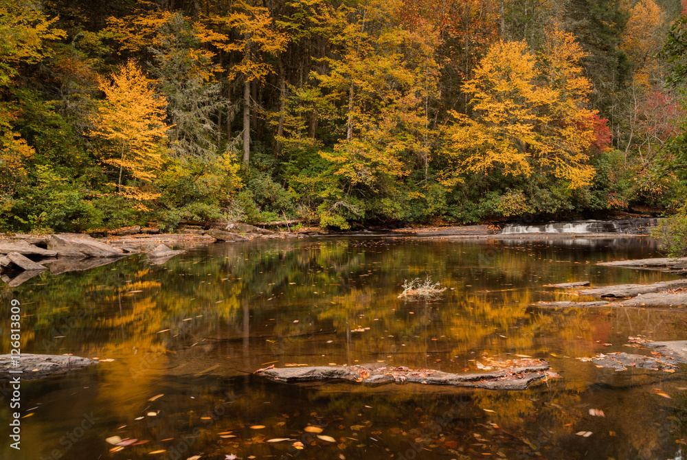 Appalachian landscape in the fall with a river and a small waterfall and colorful fall foliage