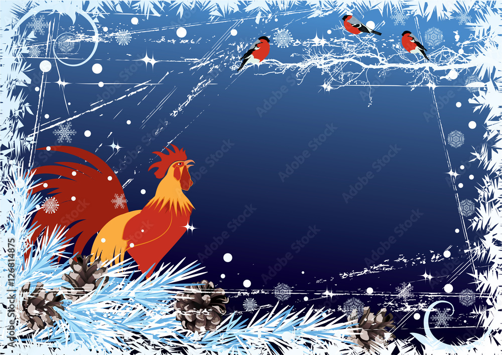  New Year background with cock and bullfinch