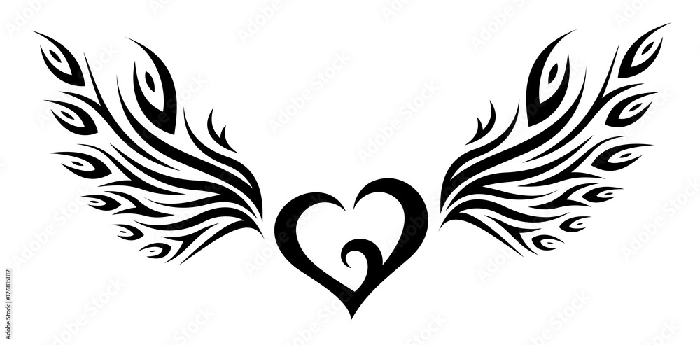 Heart with Peacock Feather Wings Tribal Tattoo Stock Vector | Adobe Stock