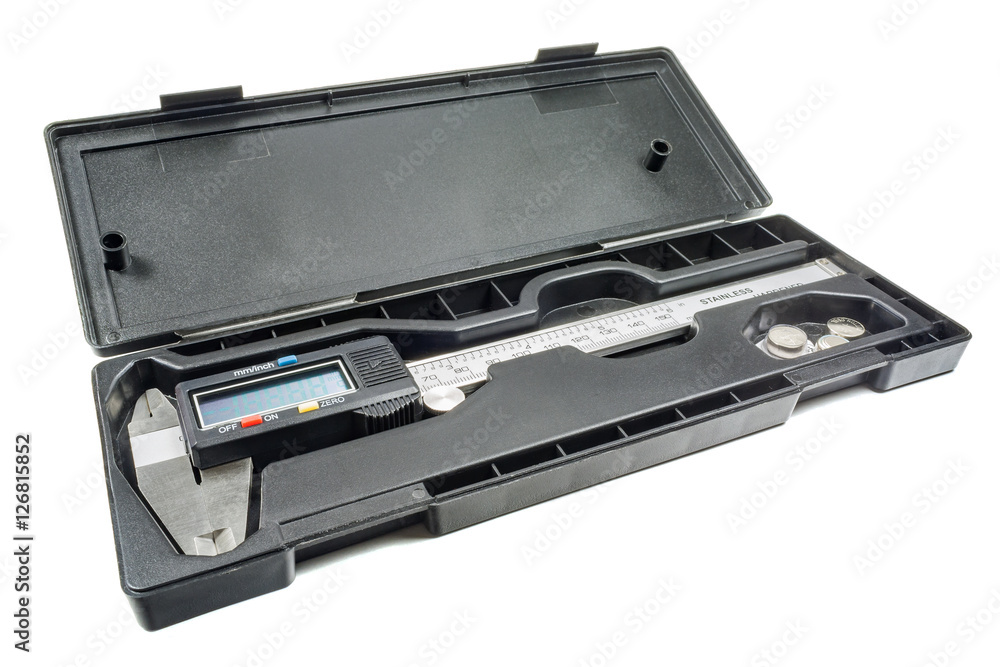 Digital caliper in storage box on a white background Digital caliper in storage box on a white background