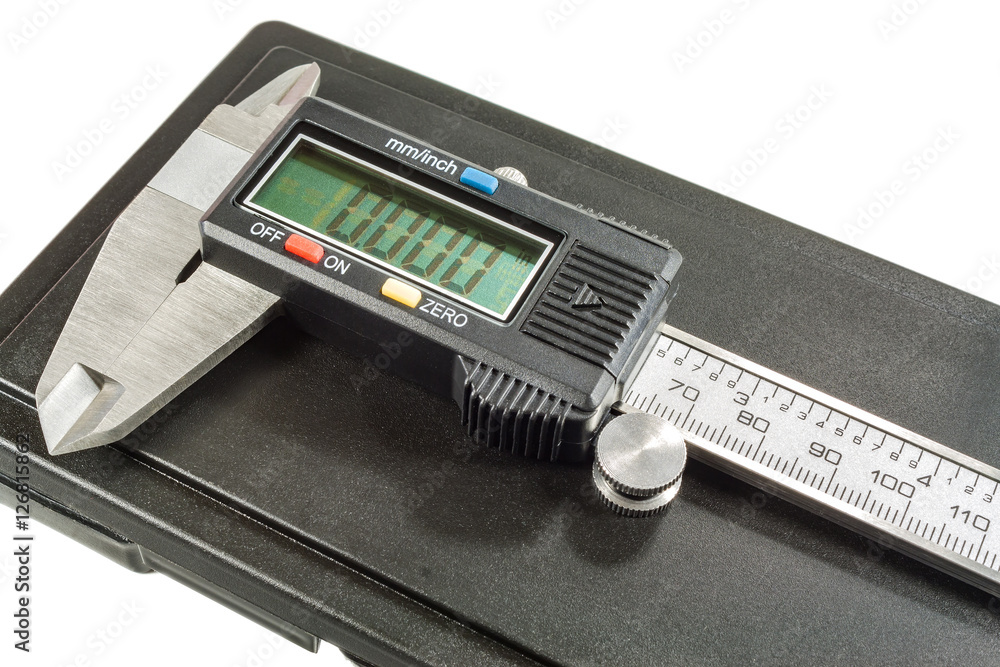 Digital caliper with storage box on a white background Digital caliper with storage box on a white background