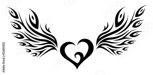 Heart with Peacock Feather Wings Tribal Tattoo