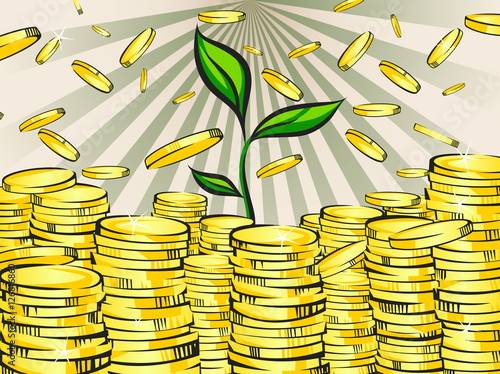 Golden money stacks with green sprout of wealth tree. Gold coins. Retro vector illustration of the shining wealth. Pop art treasure image.