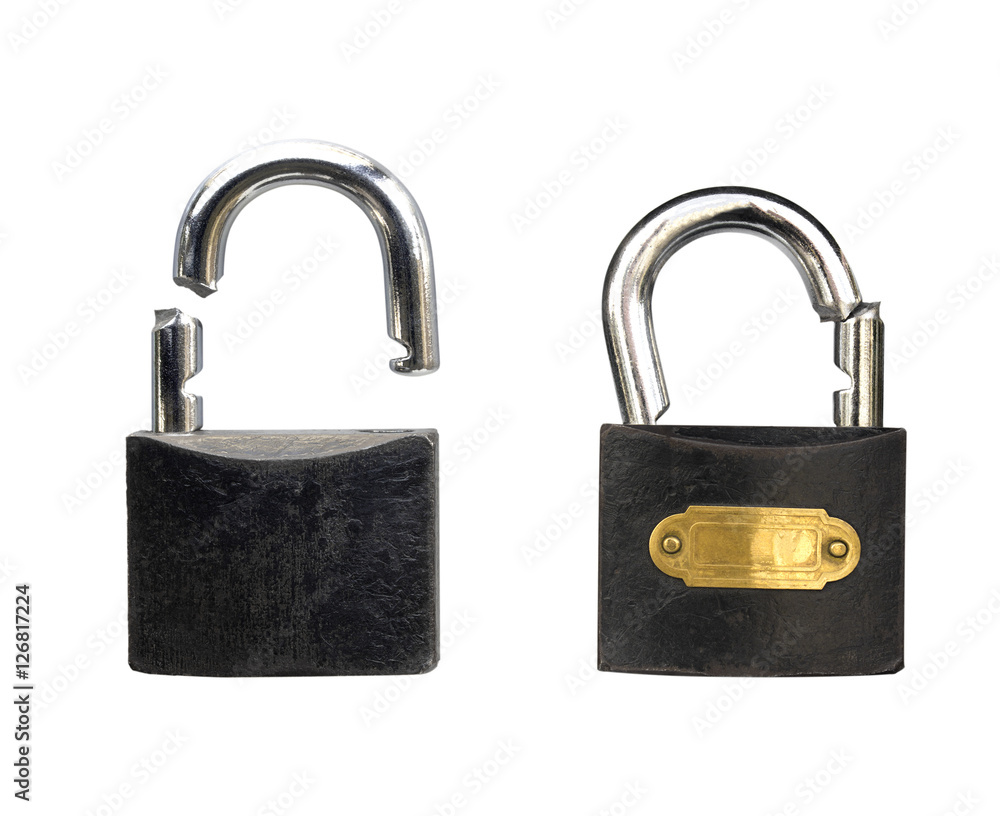 Padlock which is broken isolated on a white background Padlock which is broken isolated on a white background
