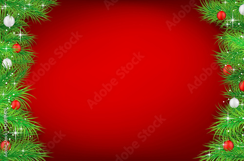 Christmas red background with spruce twigs and christmas balls