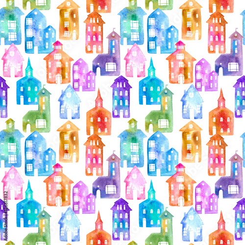Seamless pattern with city.Colorful house. Watercolor hand drawn illustration.White background.