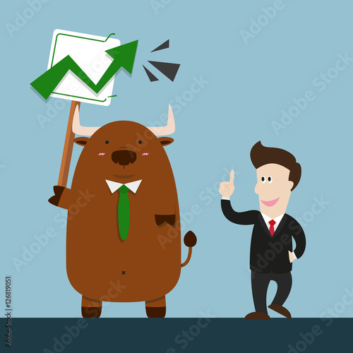 businessman and cute big brown bull in stock market green graph going up arrow