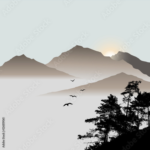 Lonely pine on the mountains background with flying birds