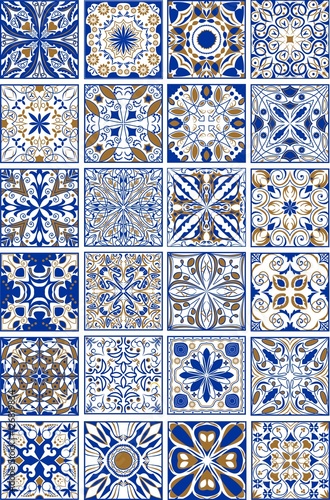 Mega set of traditional spanish or portuguese ceramic and pottery ornamental tiles in indigo and golden design.