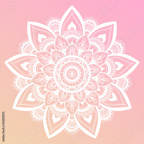 Round mandala on dreamy gradient background. Translucent mesh pattern in the form of a mandala. Mandala with floral patterns. Yoga template.