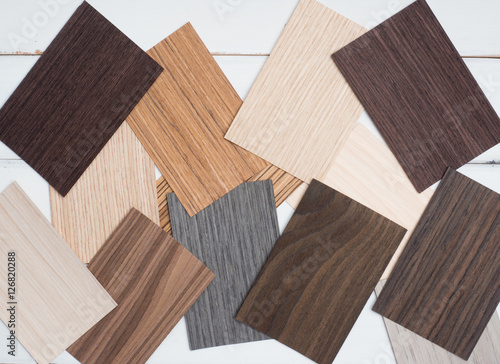 Samples of veneer wood on white background. interior design select material for idea. 