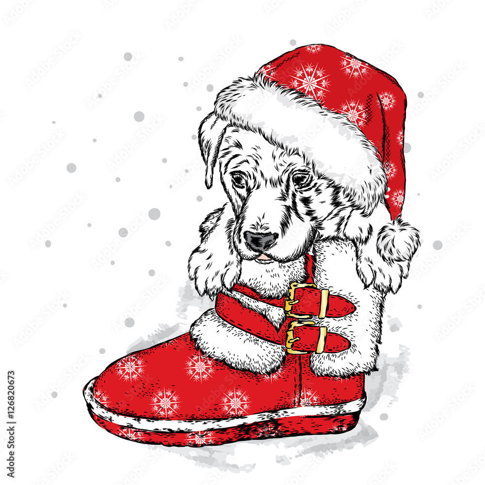 Cute puppy in a New Year's boot. Vector illustration for a card or poster. Pedigree dog. Cute puppy in a New Year's boot. Vector illustration for a card or poster. Pedigree dog.