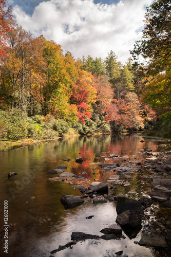 mountain river and colorful trees in the Appalachian mountains of western North Carolina