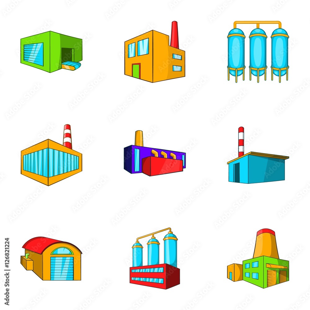 Production plant icons set. Cartoon illustration of 9 production plant