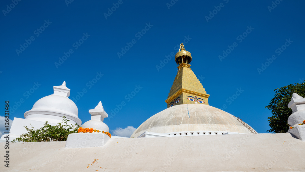 Boudhanath stupa in Kathmandu, Nepal. The top has been rebuilt since 2015 Nepal earthquake.
