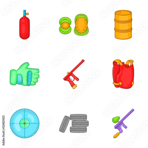 Paintball club icons set. Cartoon illustration of 9 paintball club vector icons for web
