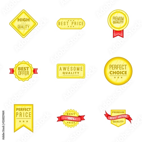 Label quality icons set. Cartoon illustration of 9 label quality vector icons for web