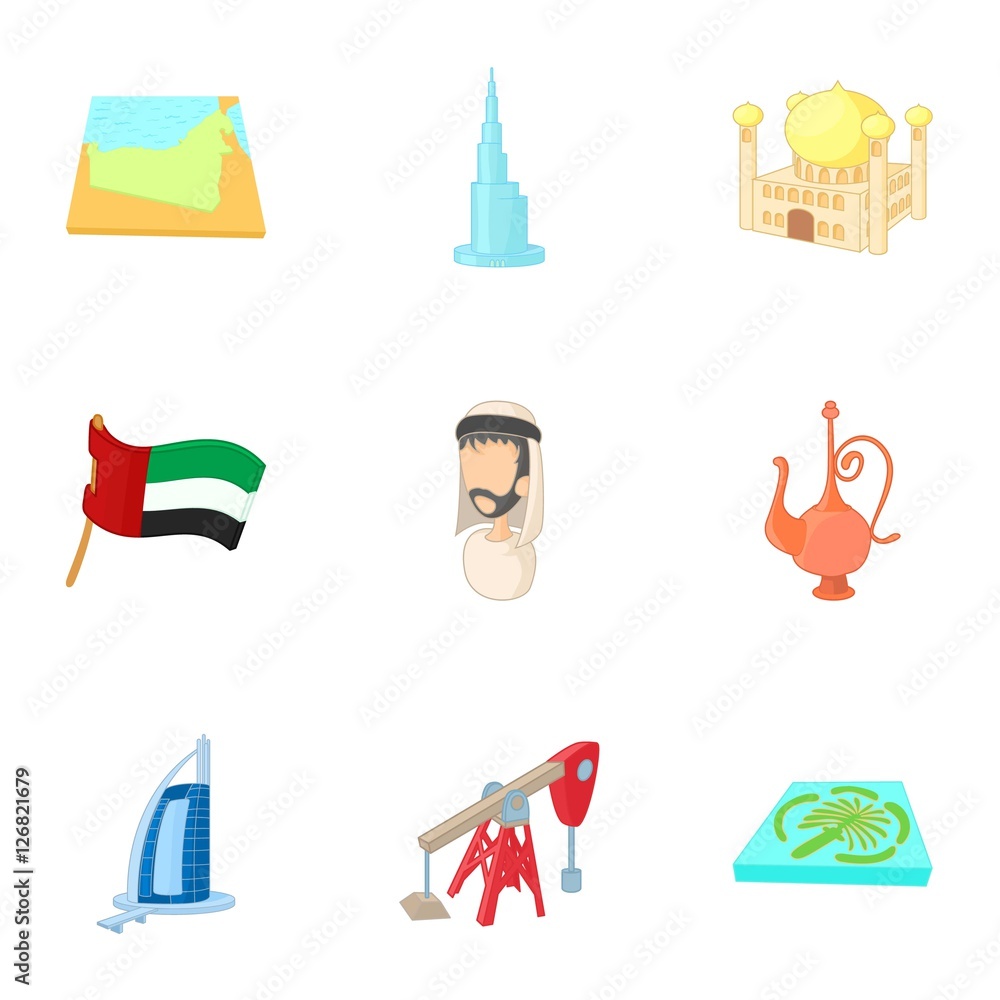 State of UAE icons set. Cartoon illustration of 9 state of UAE vector icons for web State of UAE icons set. Cartoon illustration of 9 state of UAE vector icons for web
