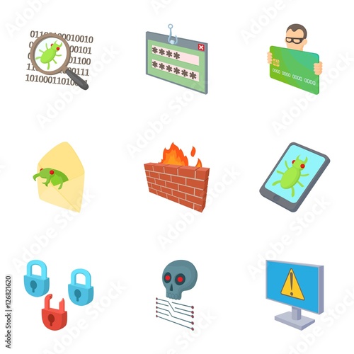 Hacking icons set. Cartoon illustration of 9 hacking vector icons for web