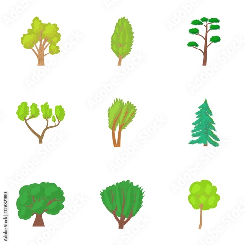 Varieties of trees icons set. Cartoon illustration of 9 varieties of trees vector icons for web