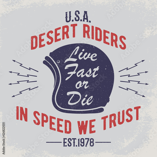 In speed we trust. Motorcycle helmet with signs on grunge background. Design element for t-shirt print, poster, emblem, badge, sign.