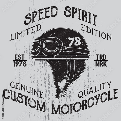 Speed spirit.. Motorcycle helmet with signs on grunge background. Design element for t-shirt print, poster, emblem, badge, sign.