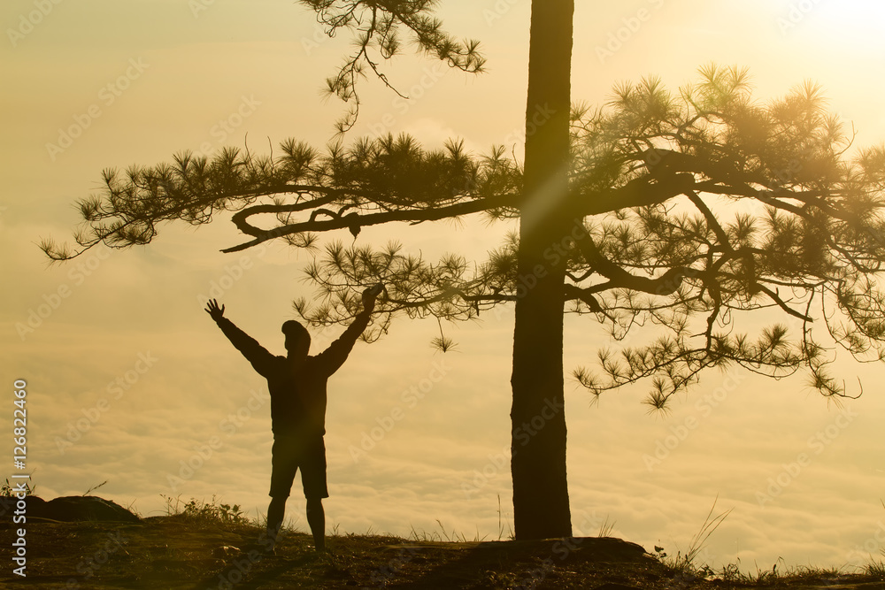 silhouette of men show arm up for achievements successful and ce