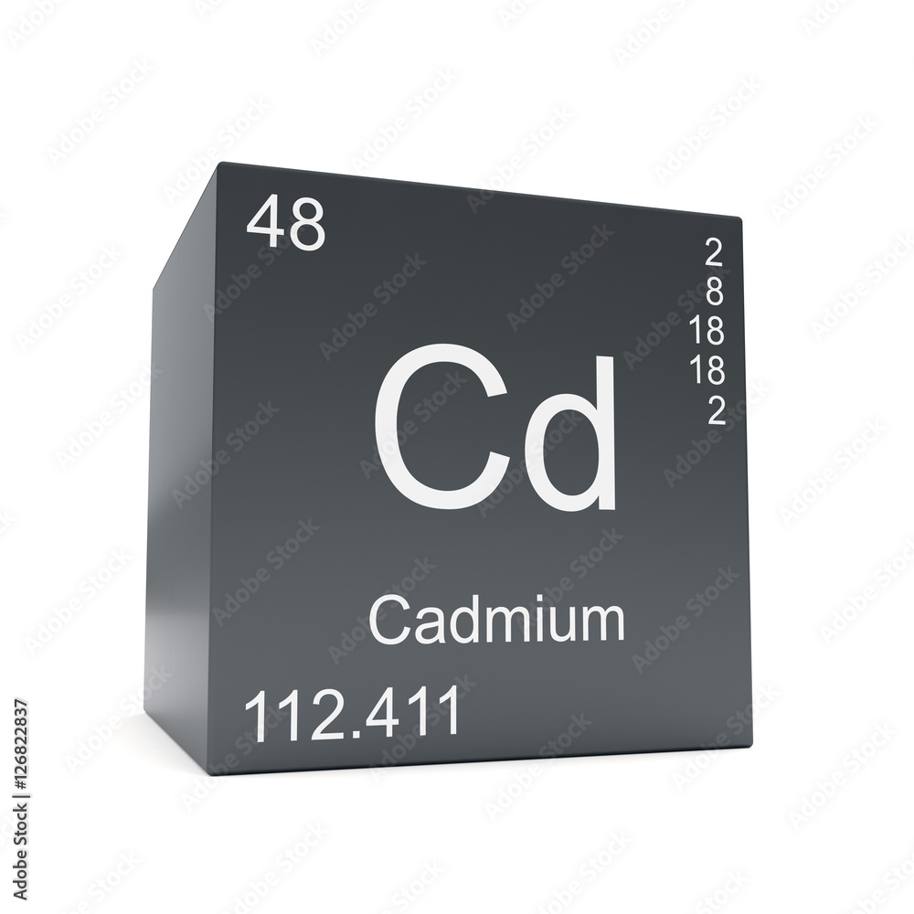Cadmium chemical element symbol from the periodic table displayed on black cube
