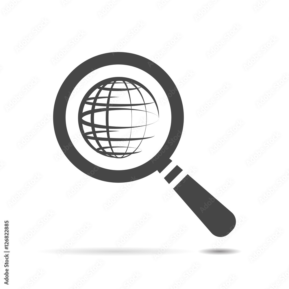 search icon of flat globe planet, vector magnifying glass search icon of flat globe planet, vector magnifying glass
